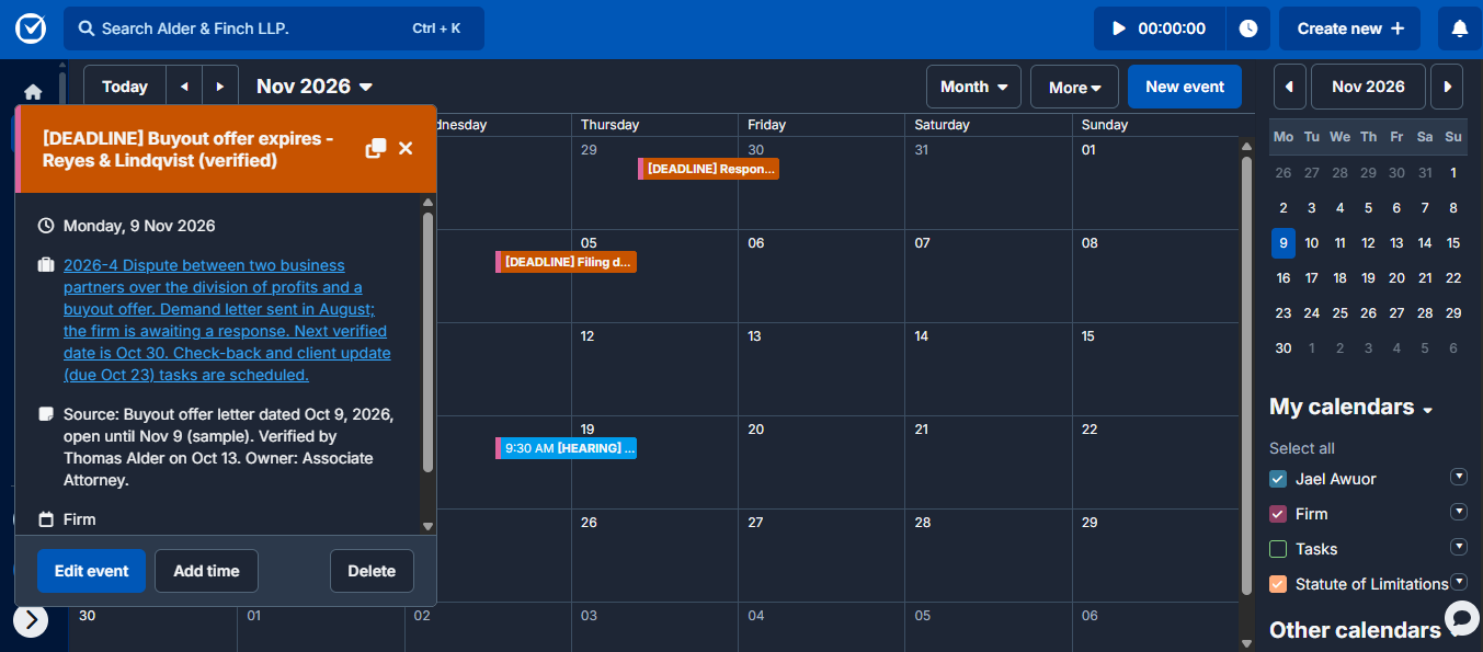 Clio calendar showing four verified deadline entries