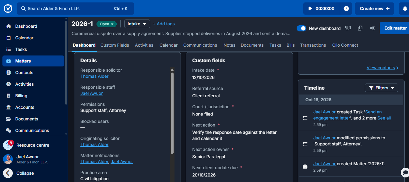 Clio matter details with custom fields