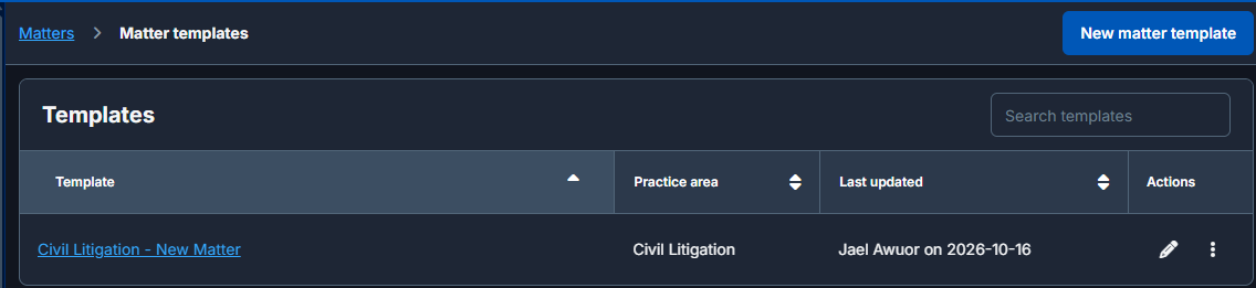 Clio matter template for Civil Litigation - New Matter