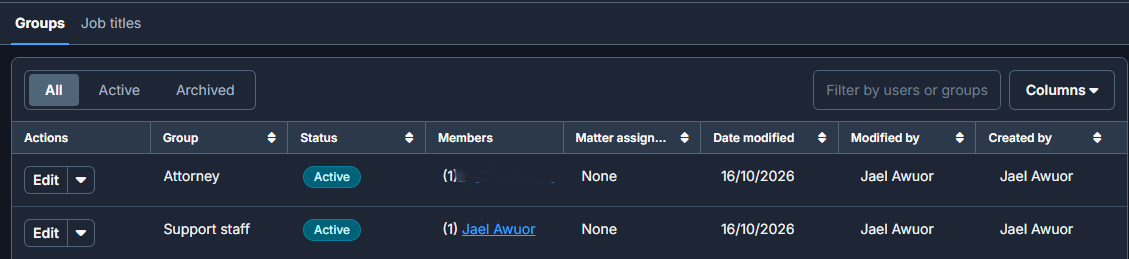 Clio users and groups for attorney and support staff