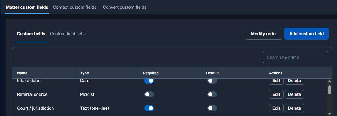 Clio custom fields for the Matter Status Tracker