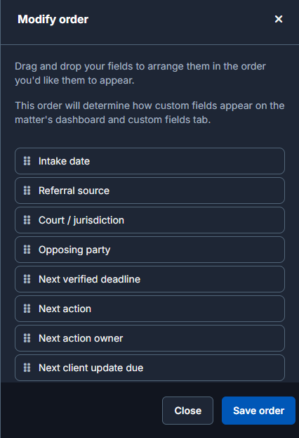 Clio custom field settings