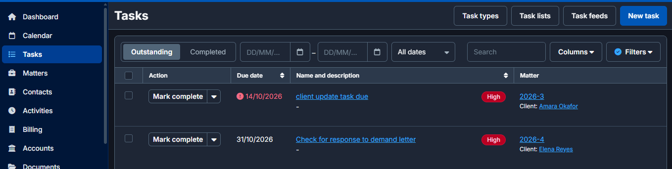 Clio tasks including an overdue client update