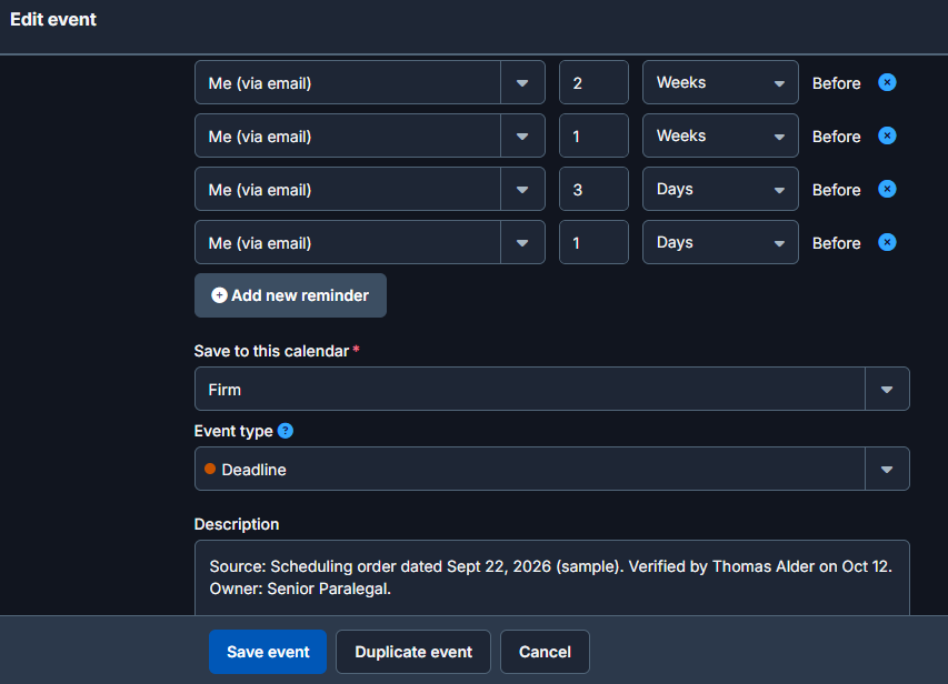 Clio calendar entry with source, description and reminders